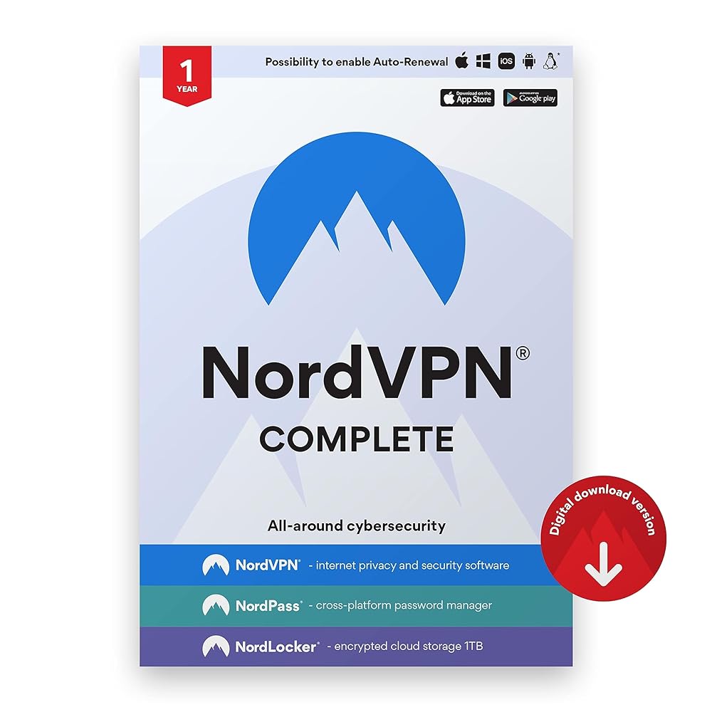 NordVPN Complete — 1-Year VPN & Cybersecurity Software for NordVPN, NordPass, and NordLocker — Block Online Threats, Manage Passwords, and Store Files in Secure Cloud Storage | PC/Mac/Mobile | Activation Code via Email [Online Code]