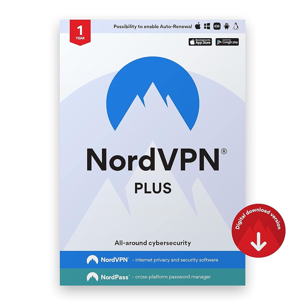 NordVPN Plus — 1-Year VPN & Cybersecurity Software for NordVPN and NordPass — Protect Your Internet Activities, Block Online Threats, and Safely Manage Passwords | PC/Mac/Mobile | Activation Code via Email [Online Code]