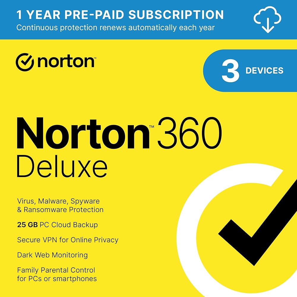 Norton 360 Deluxe 2024, Antivirus software for 3 Devices with Auto Renewal - Includes VPN, PC Cloud Backup & Dark Web Monitoring [Download]